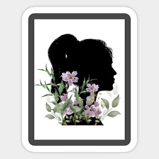 A girl silueth with watercolor flowers and leaves Sticker